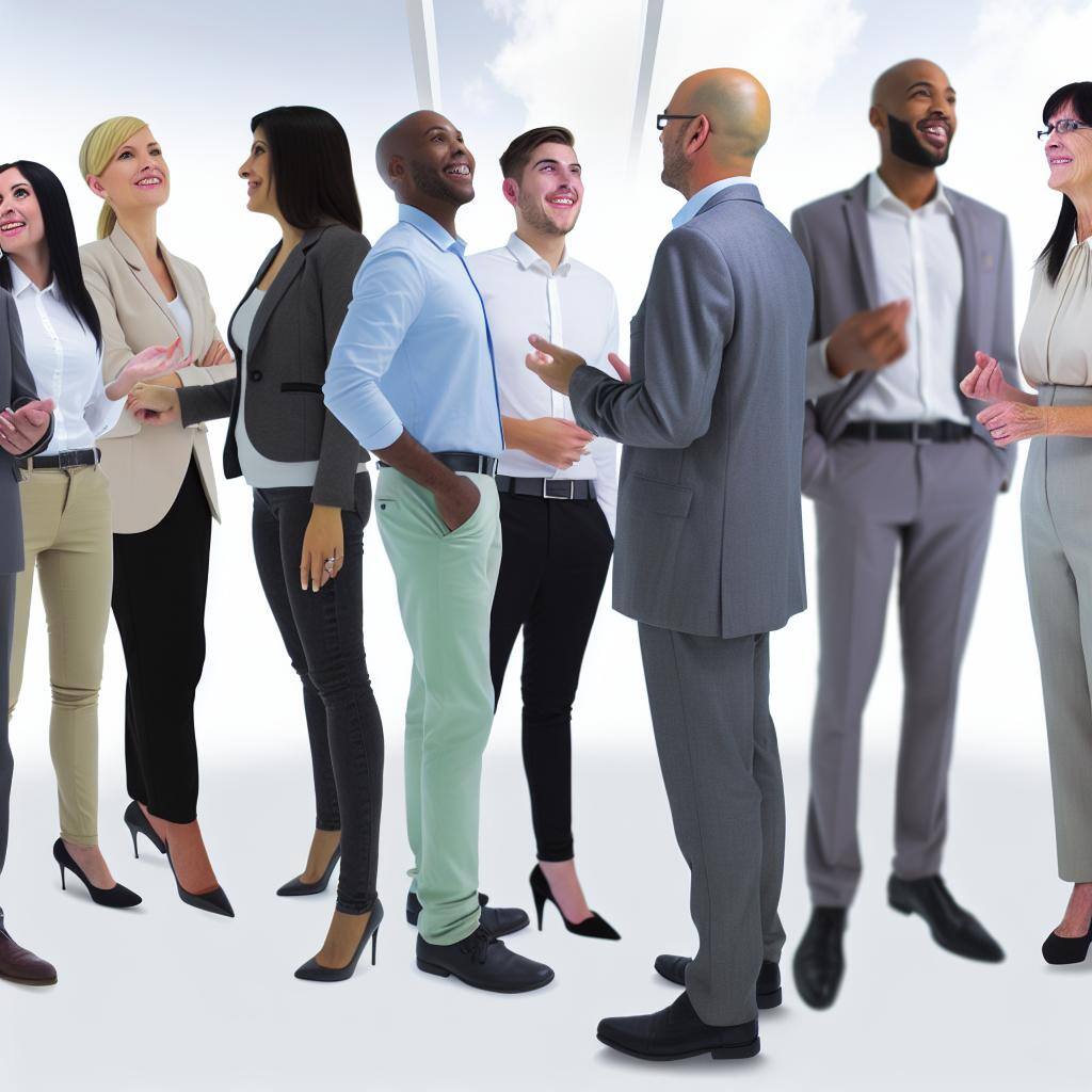 imagine a professional looking mixed gender mixed aged group of 15 staff members in professional attire with a large space above their heads and light-2